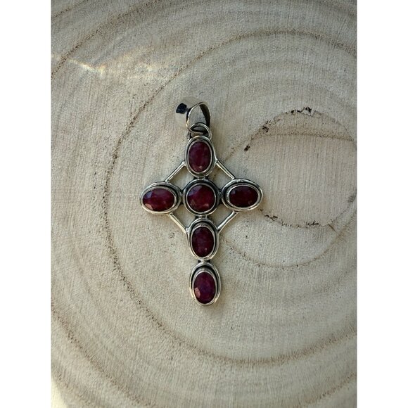 Lg Artisan Ruby Gemstone Cross Statement Pendant Sterling Silver Religious Gift - Picture 4 of 5